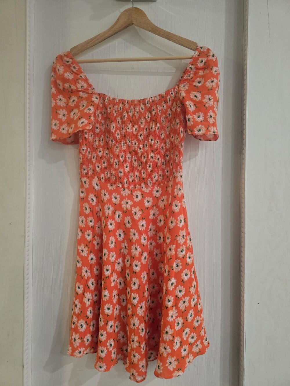 ZARA Orange Floral Mini Dress Smocked Bodice Puff Sleeve Cottagecore Size Small